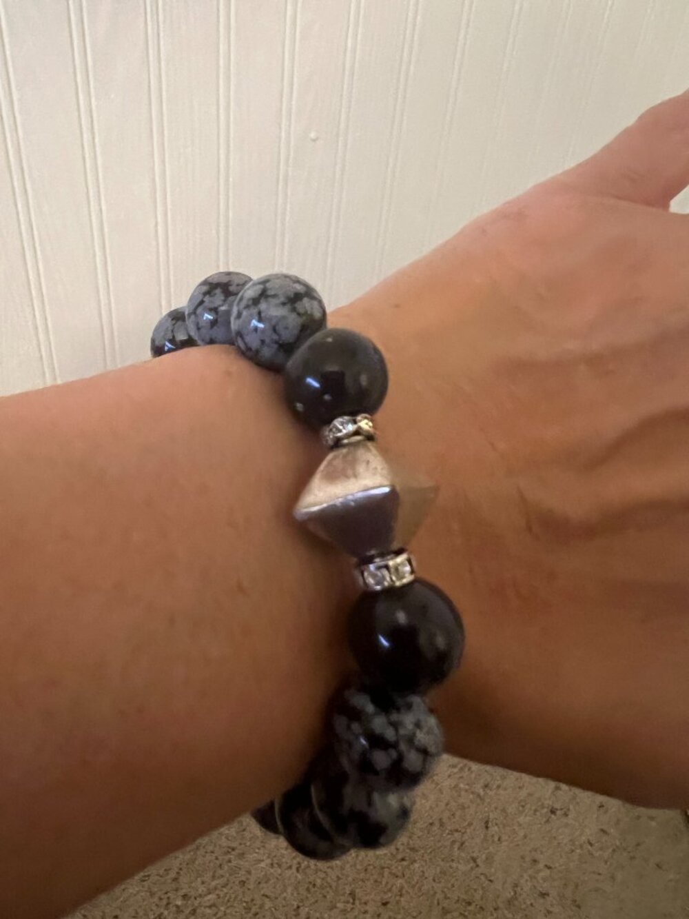 Snowflake Obsidian Beaded Bracelet with Center Accent